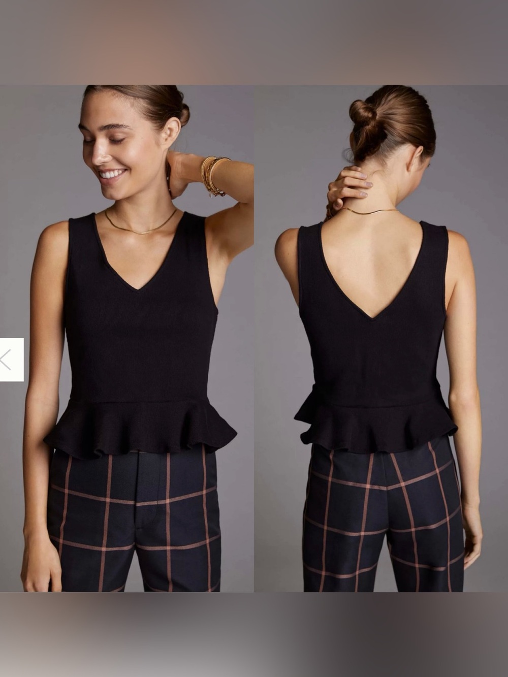 Anthropologie V Neck Peplum Tank Top Black Size Large